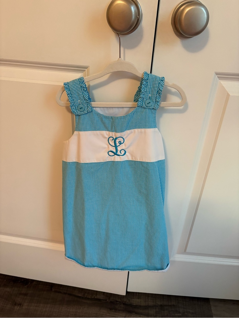 Blue Teal Gingham Dress Monogram L